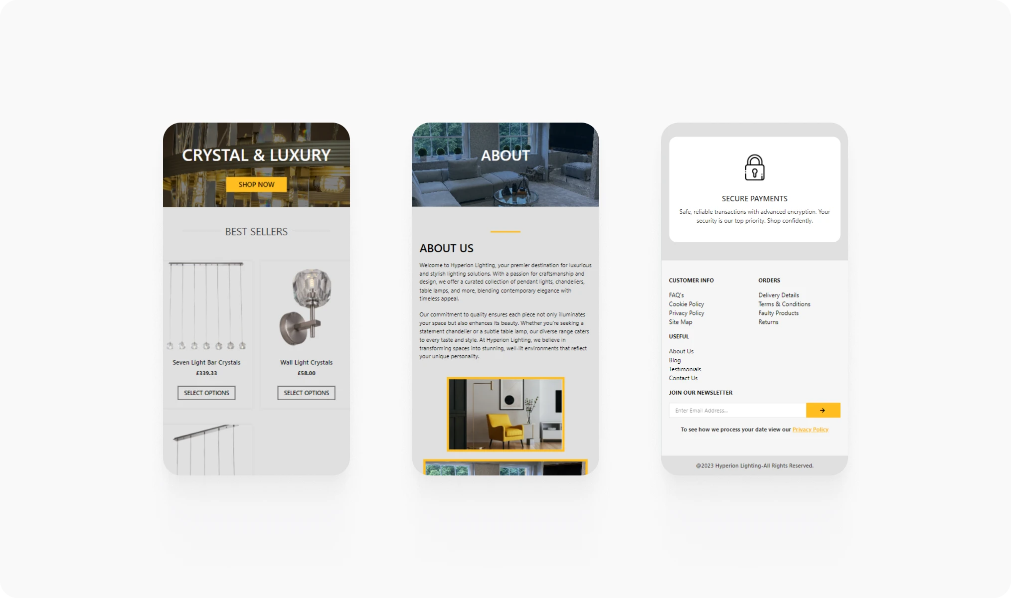 Hyperion Lighting website design detail view