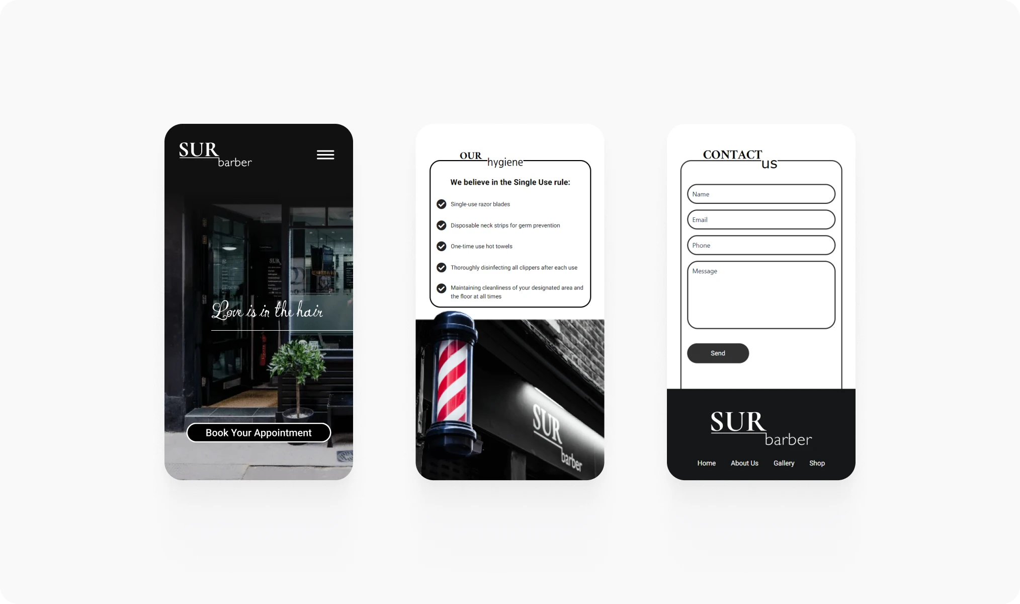 SUR Barber website design detail view