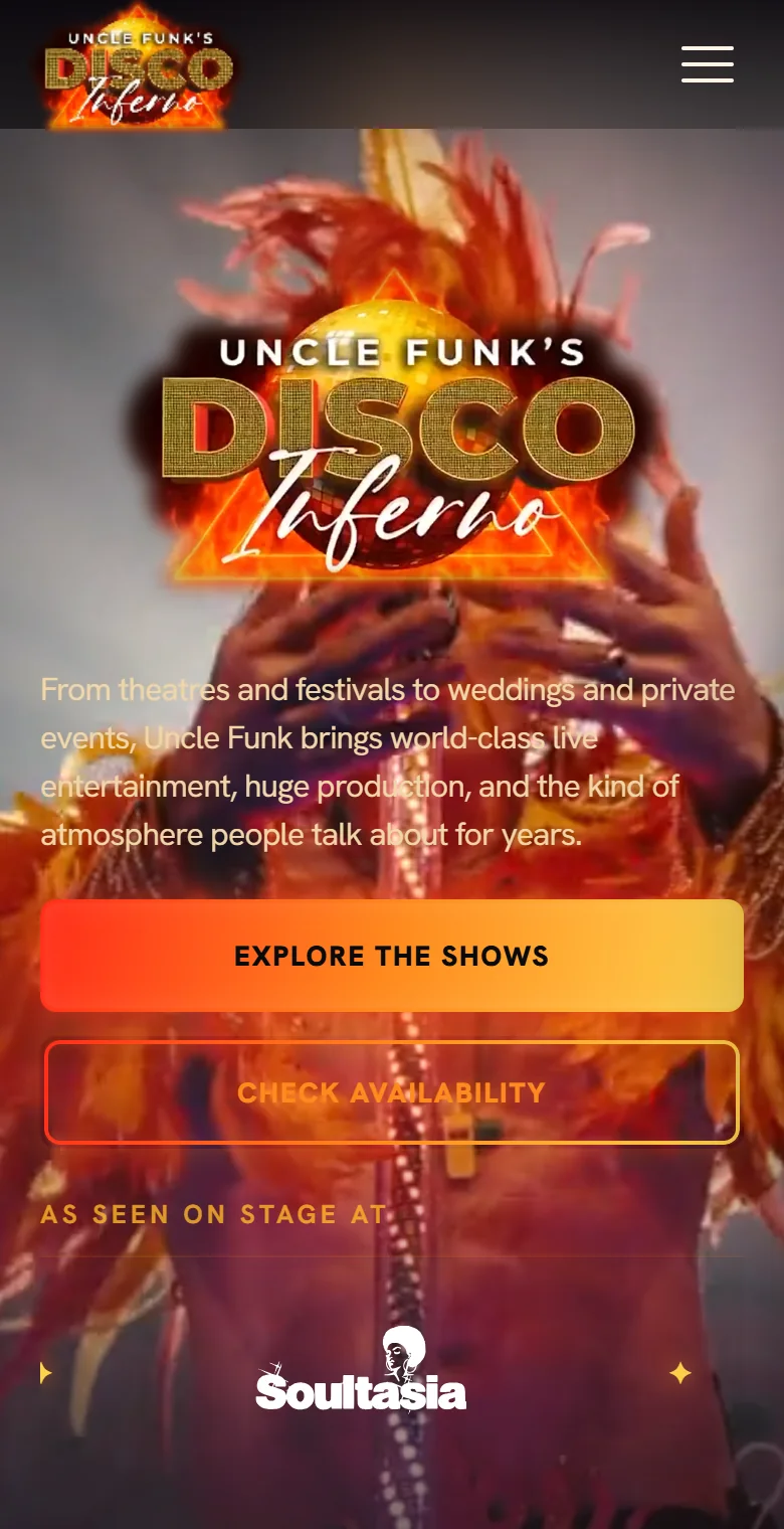 The Uncle Funk&rsquo;s Disco Inferno homepage on mobile